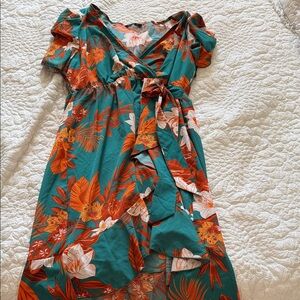 Floral Wrap Dress in Teal and Orange